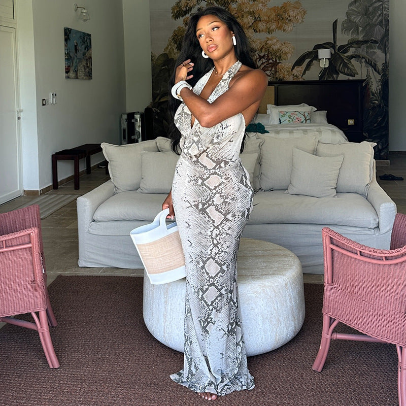 Snakeskin Print Halter Cowl Neck Open Back Maxi Dress 2