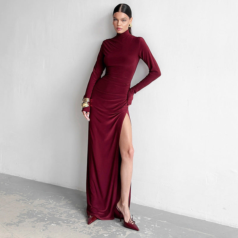High Collar Slim Fit Long Sleeves High Slit Graceful Maxi Dress