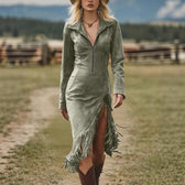 Faux Suede Long Sleeve Fringe High Split Bodycon Midi Dress 4