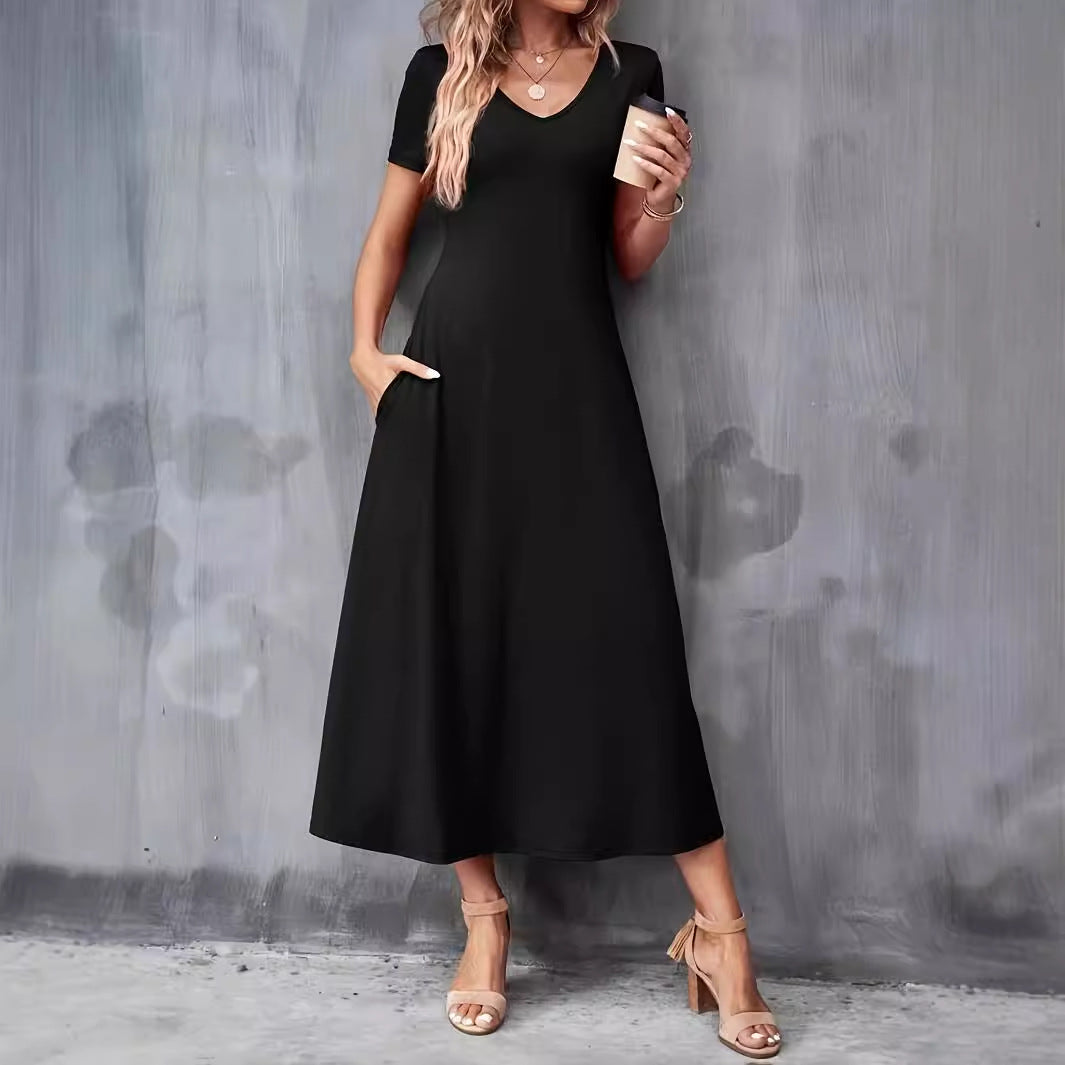 V-Neck Short Sleeve Pocket A-Line Maxi T-Shirt Dress