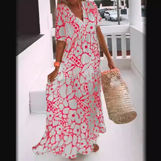 V-Neck Short Sleeve Floral Tiered Loose Maxi Beach Dress 2