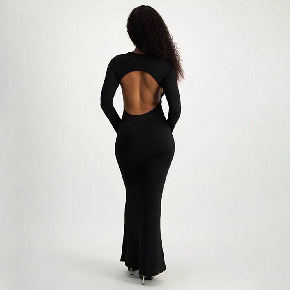 Round Neck Long Flare Sleeve Bodycon Maxi Dress 2