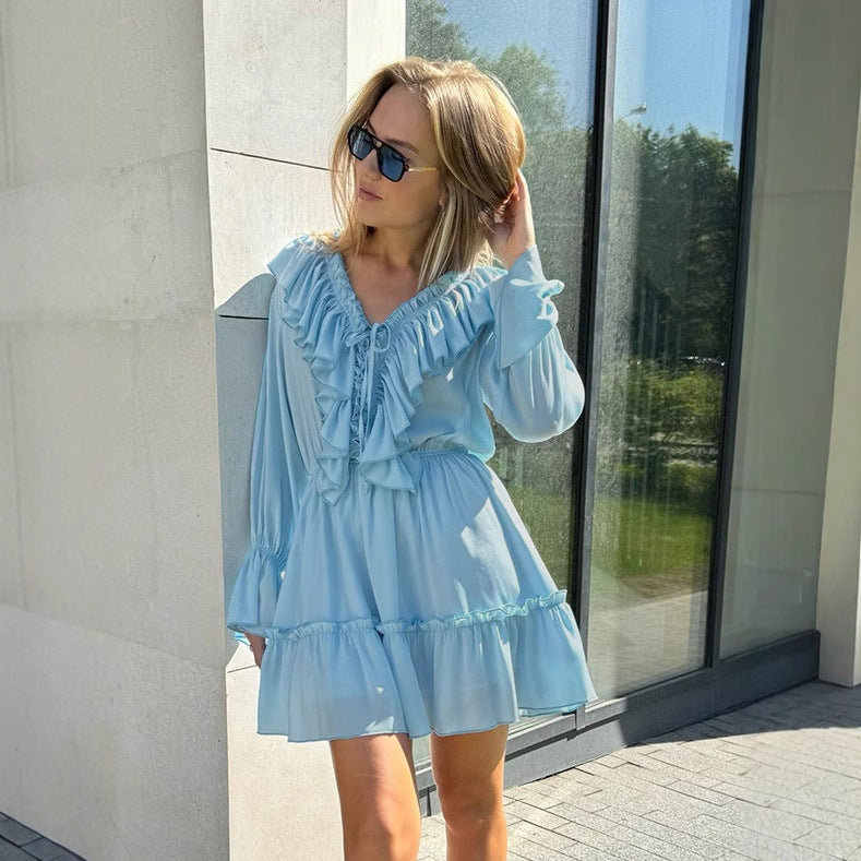 Deep V-Neck Long Sleeve Ruffle Tiered Mini Dress 3