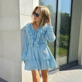 Deep V-Neck Long Sleeve Ruffle Tiered Mini Dress 3