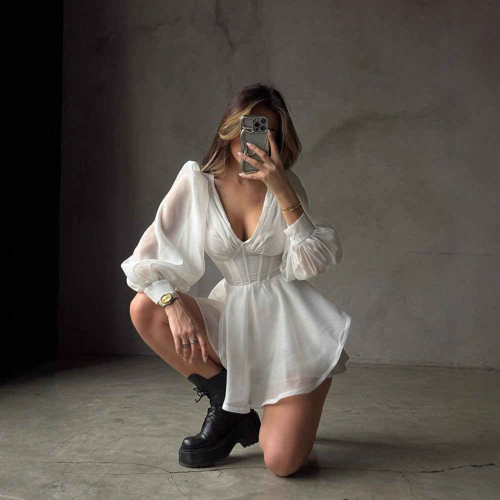 Chiffon Deep V-Neck Long Sleeve Bustier Mini Dress