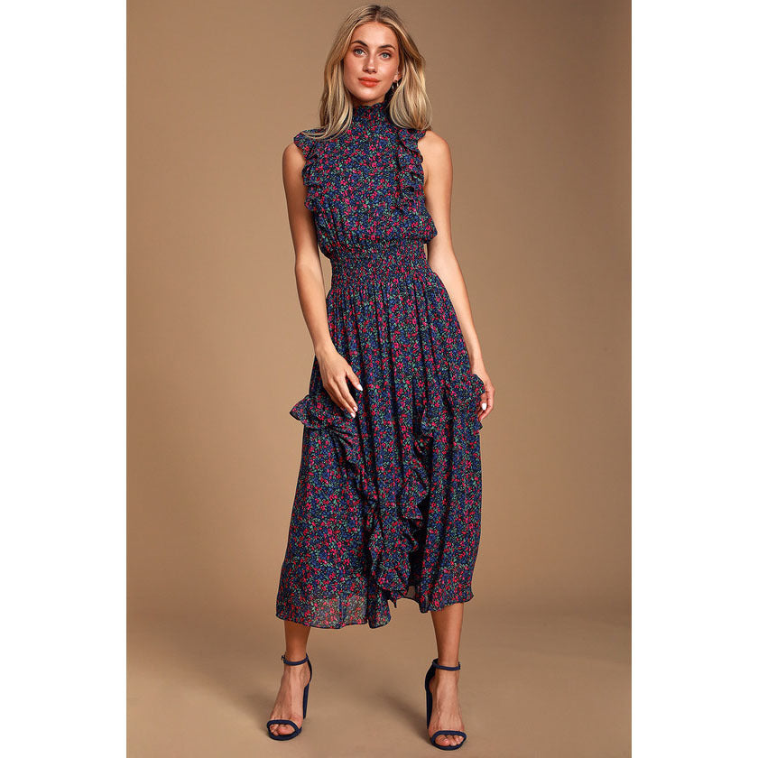 Ditsy Floral Mock Neck Sleeveless Ruffle Trim Smocked Waist Midi Dress