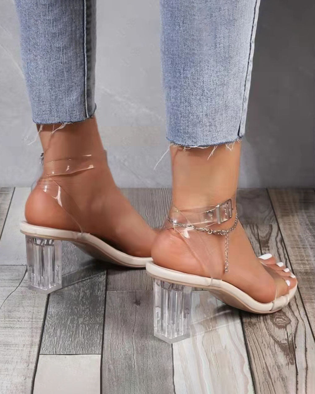 Clear Strap Mid-High Heel Sandals