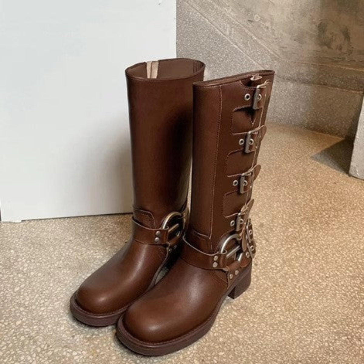 Buckle Harness Block Heel Ankle Moto Boots