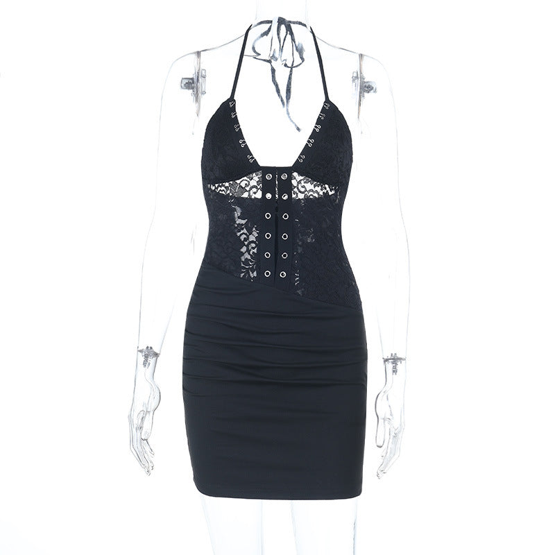 Lace Deep V-Neck Halter Hook and Eye Corset Bodycon Mini Dress