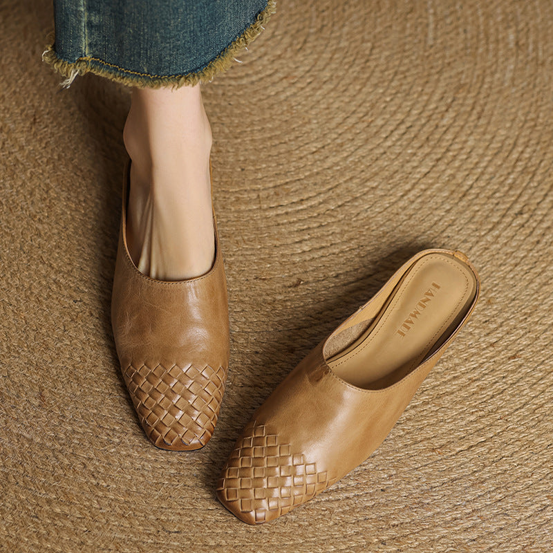 Square Toe Woven Detail Low Block Heel Mules
