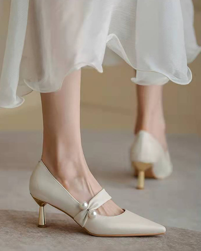 Elegant Pearl-Adorned Thin High Heel Pointed-toe Pumps