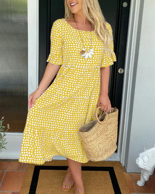 Polka Dot Short Sleeve Tiered Midi Dress 2