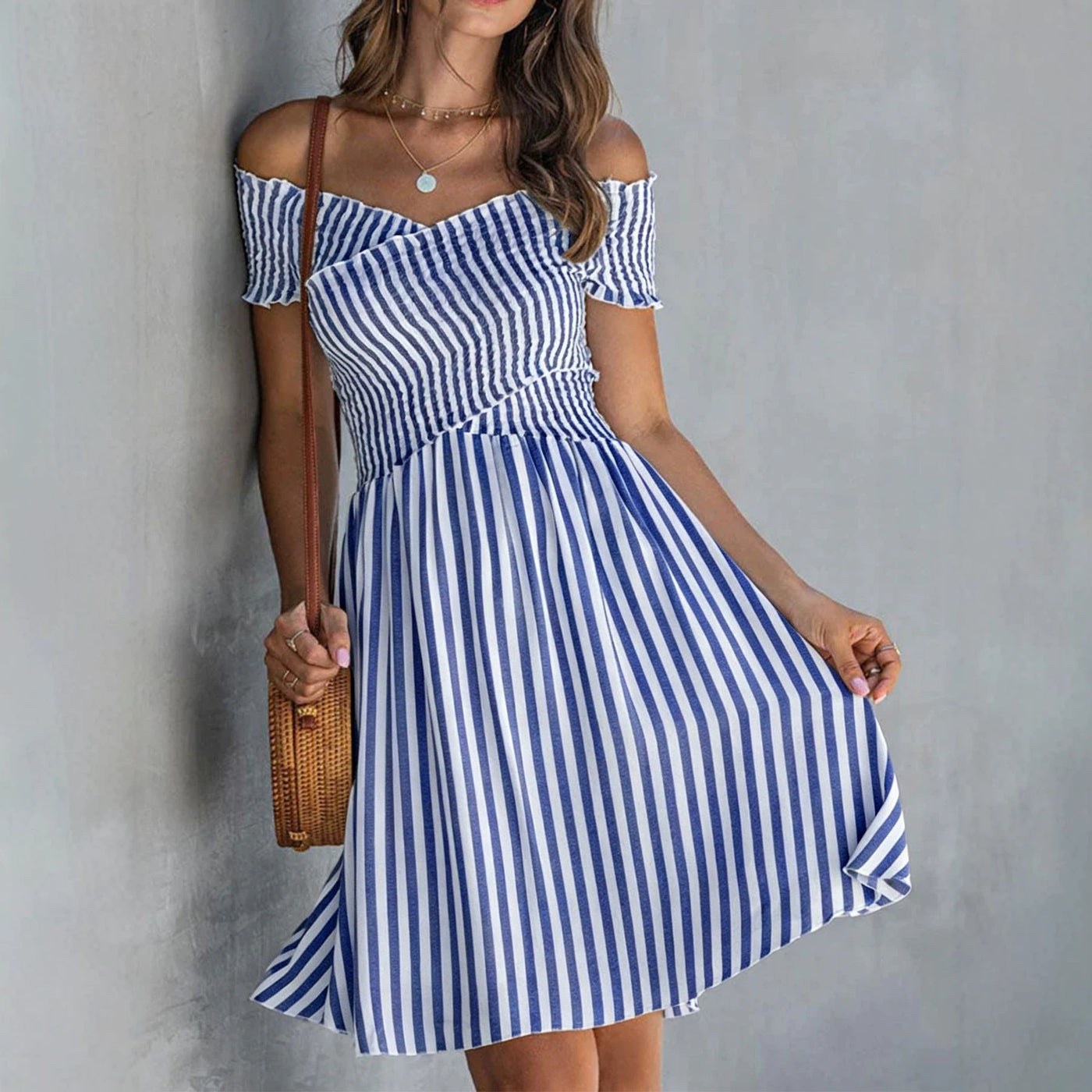 Striped Off Shoulder Short Sleeve Smocked Mini Dress