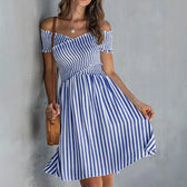 Striped Off Shoulder Short Sleeve Smocked Mini Dress