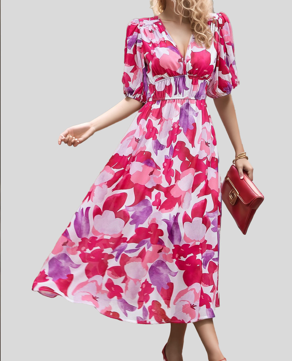 Abstract Print V-Neck Puff Sleeve Smocked Waist Midi Dress 7