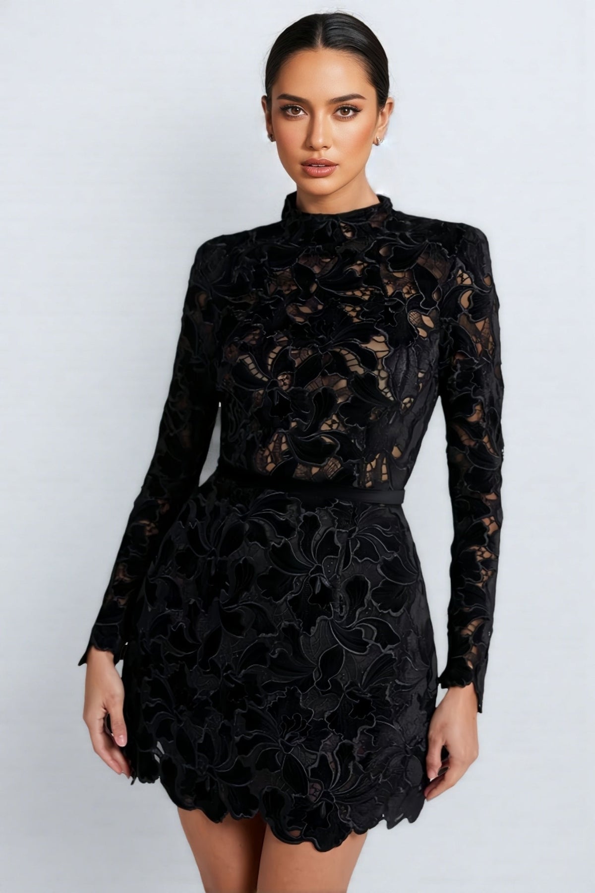 Mock Neck Long Sleeve Floral Cutwork Lace Scalloped Hem Mini Dress