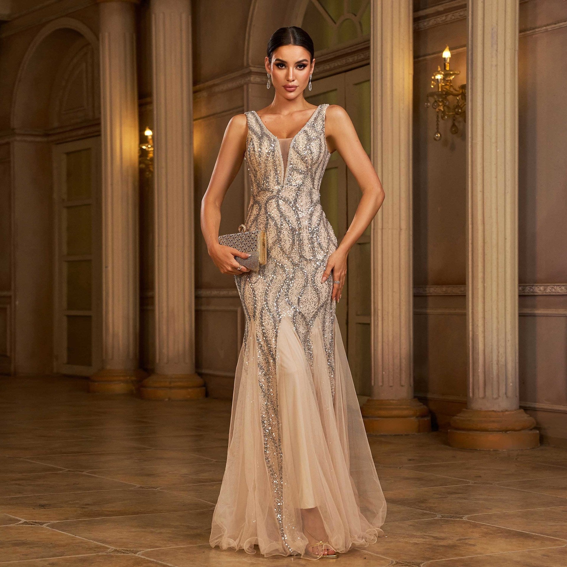 Women Clothing Advanced Sleeveless V neck Cocktail Sequin Gauze Sheath Fishtail Evening Dress