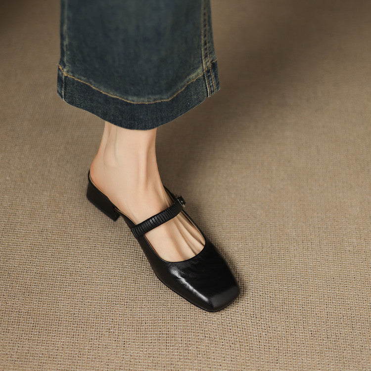 Square Toe Buckle Strap Mary Jane Mules