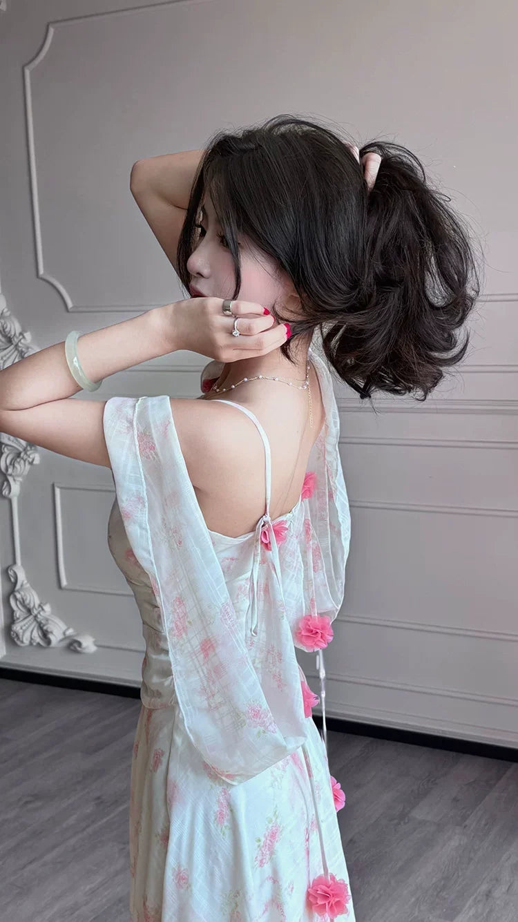 Floral Spaghetti Strap Backless Appliqué Maxi Dress 6