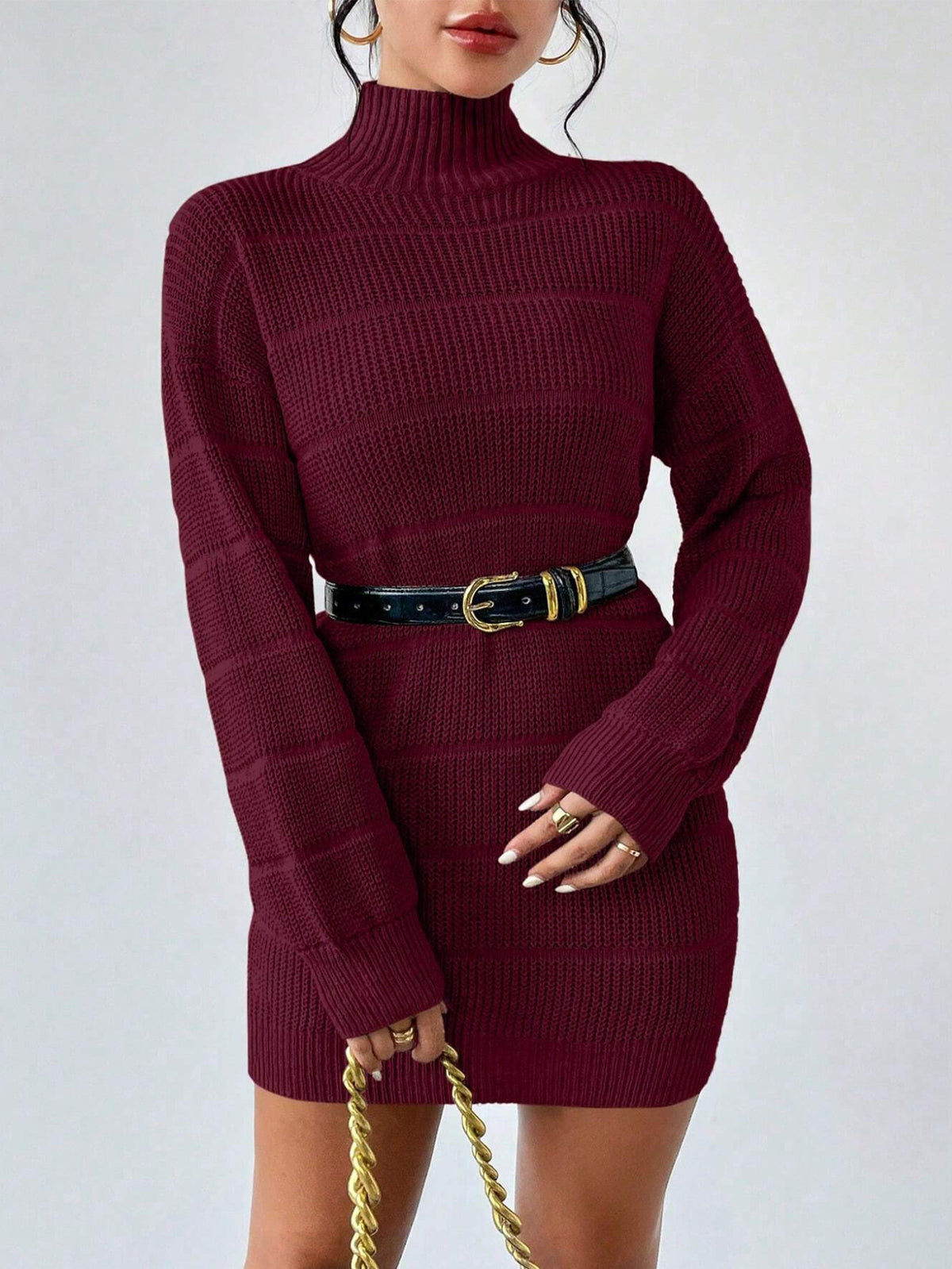Mock Neck Long Sleeve Textured Knit Sweater Mini Dress 7
