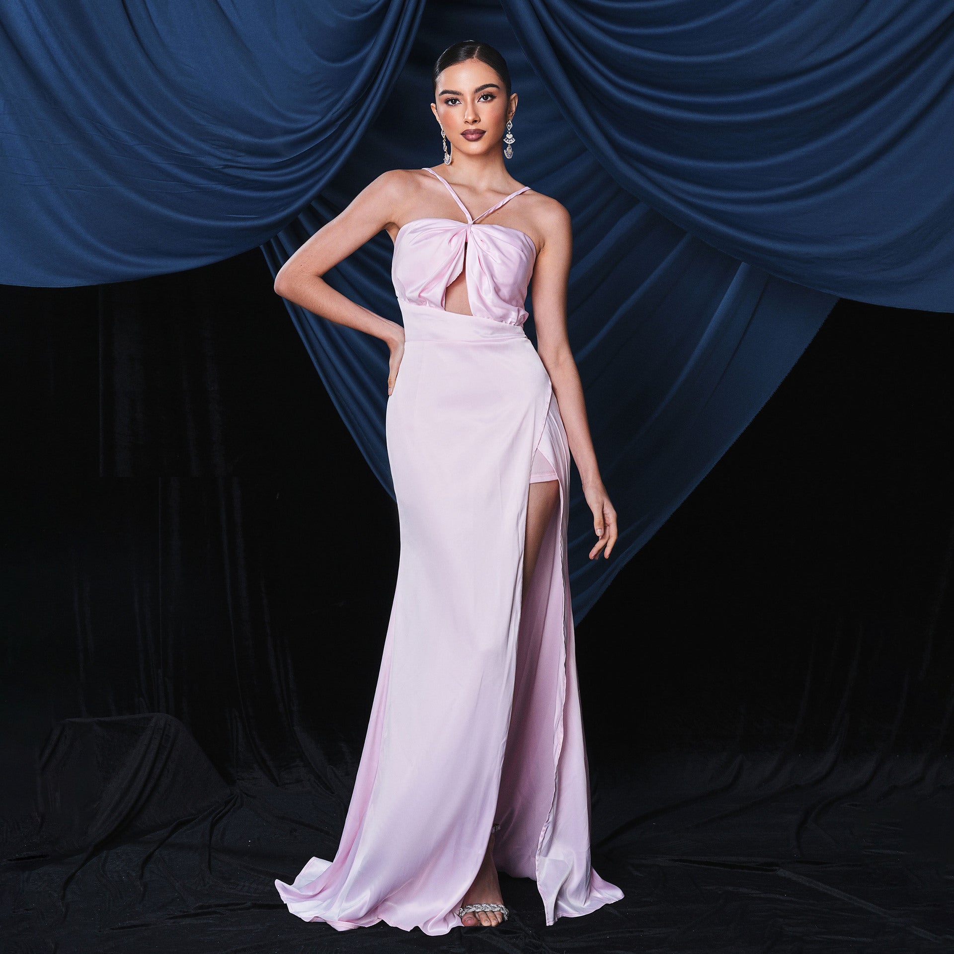 Sleeveless Elegant off - Neck Halter Long Slit Cocktail Evening Dress Bridesmaid Dress