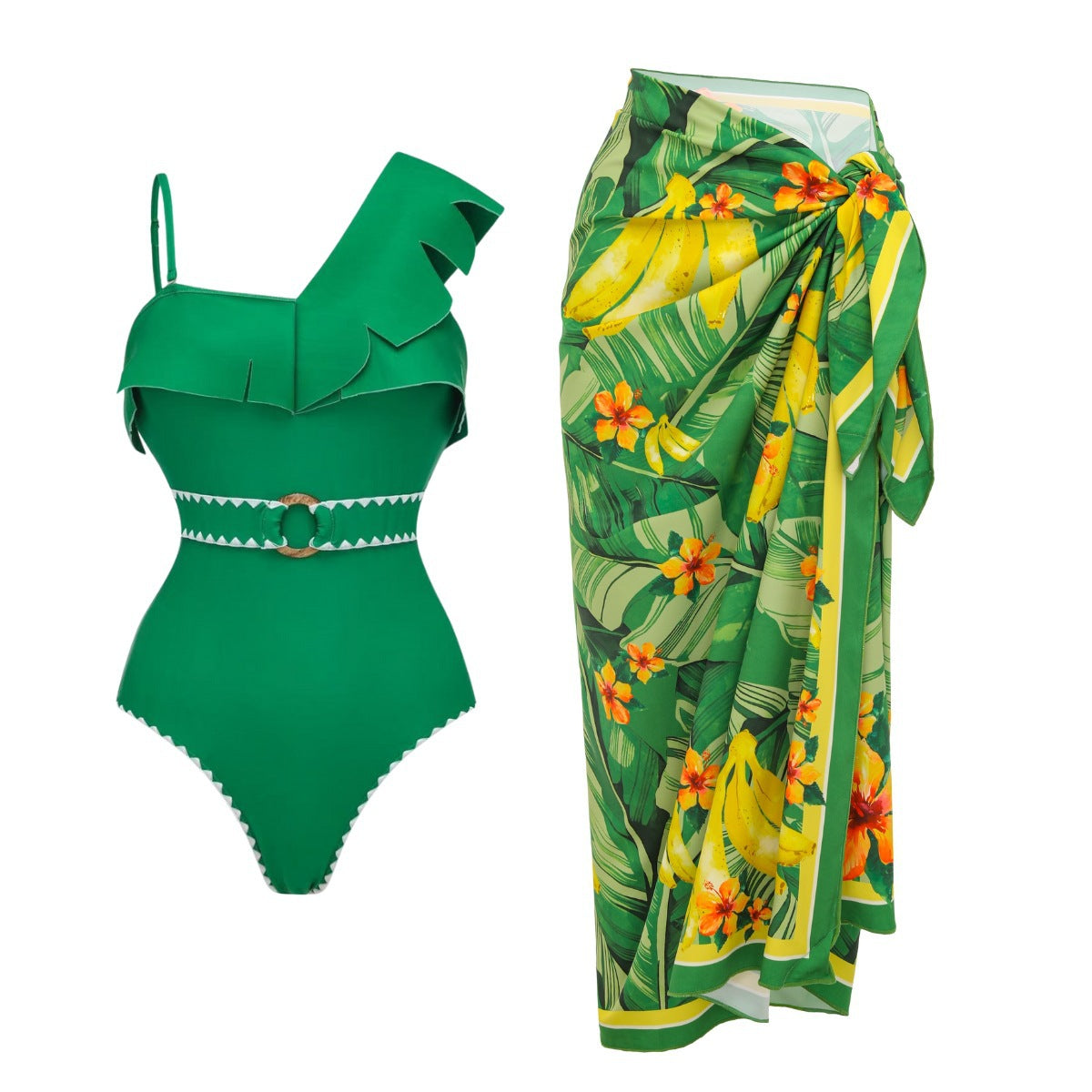 Green One Shoulder Kerchief Set
