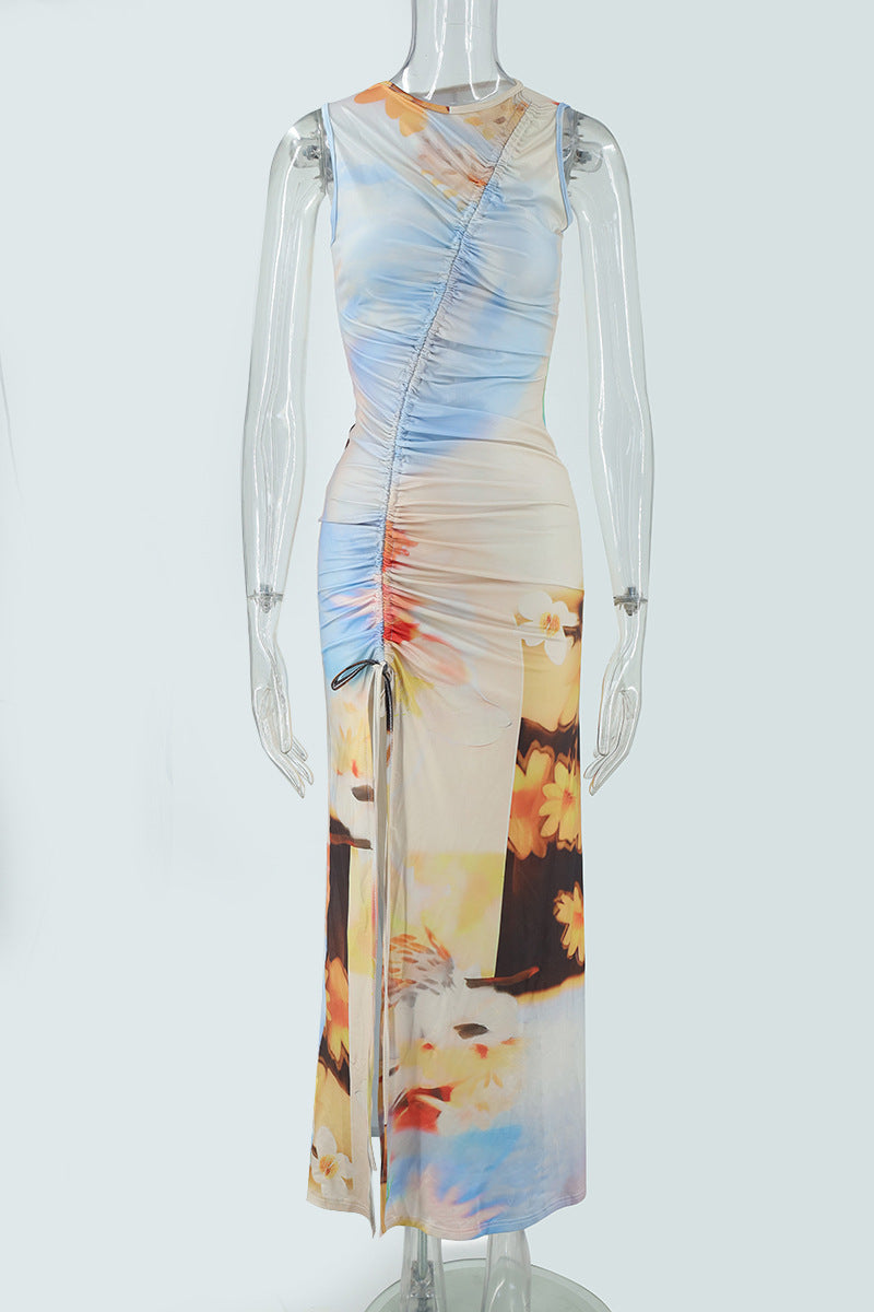 Abstract Floral Print Mesh Sleeveless Ruched Drawstring High Split Midi Dress 2