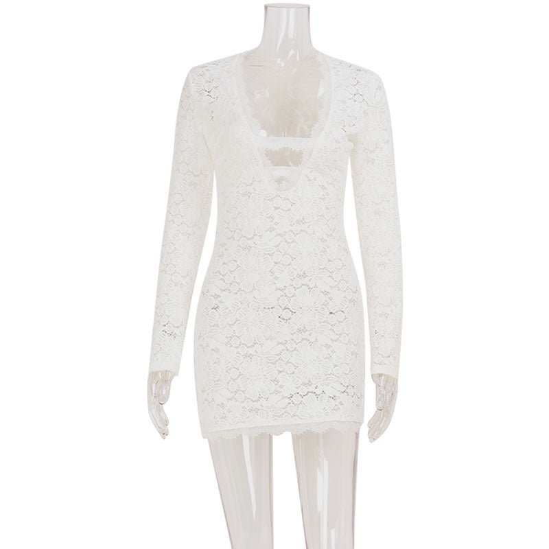 Lace Plunge Neck Long Sleeve Cut Out Bodycon Mini Dress 2