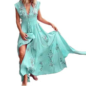 Floral Embroidered Deep V-Neck Smocked Waist Maxi Dress 4