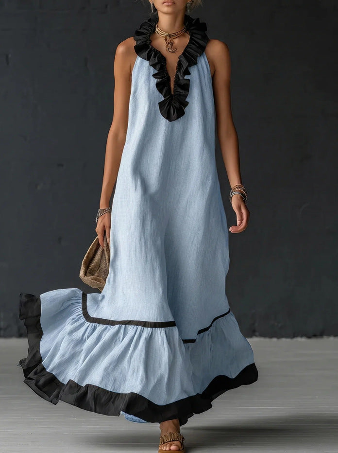 Sleeveless Ruffle Trim Tiered Linen Maxi Dress 10
