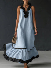Sleeveless Ruffle Trim Tiered Linen Maxi Dress 10