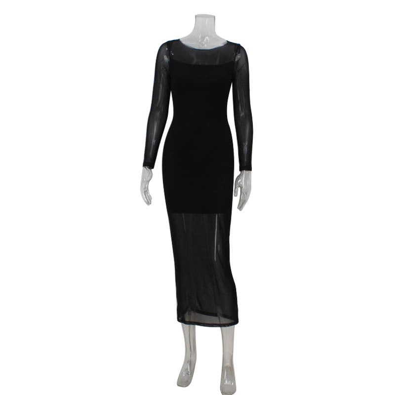 Sheer Mesh Panel Boat Neck Long Sleeve Bodycon Maxi Dress 4