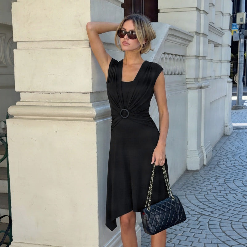 Women Clothing Solid Color Buckle V Neck Irregular Asymmetric Elegant Slim Dress for Women