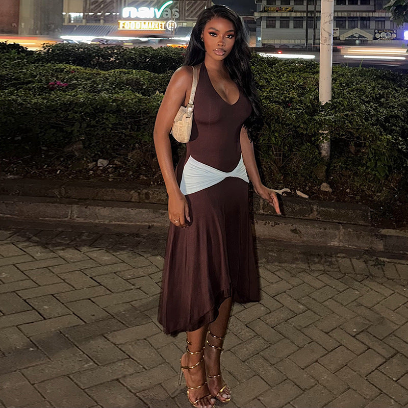 Halter V-Neck Sleeveless Contrast Twist Waist Asymmetric Hem Midi Dress