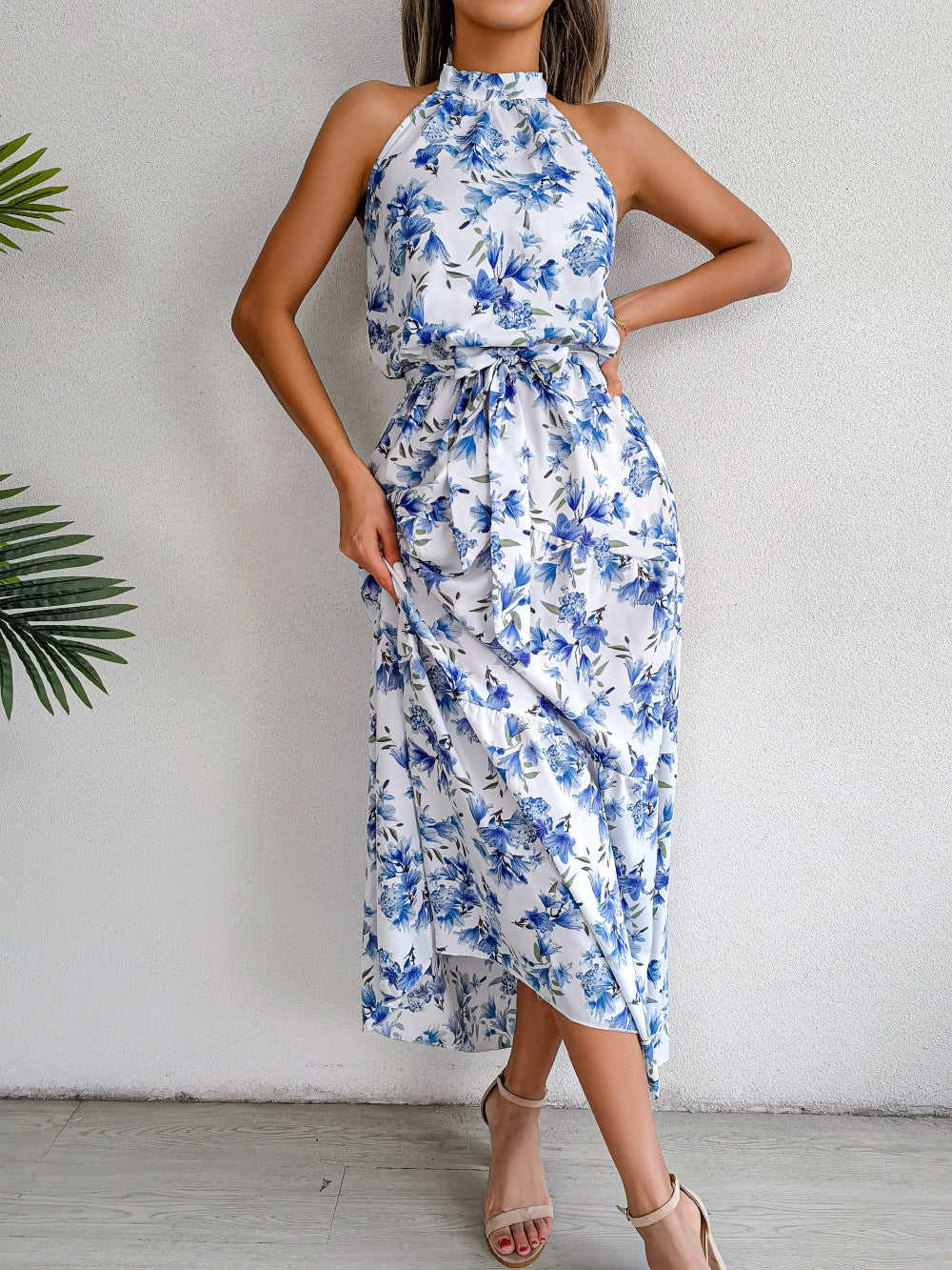 Sure Thing Floral Chiffon Halter Maxi Dress - Blue - FINAL SALE