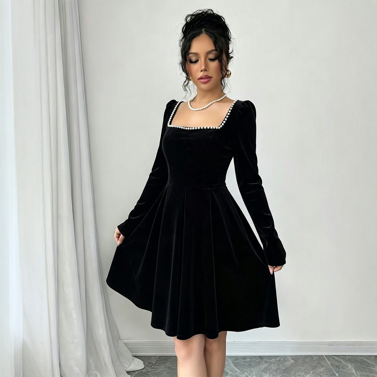 Women Clothing French Vintage Velvet Square Collar Dress Women Pearl Trim Waist Slimming A line Dress