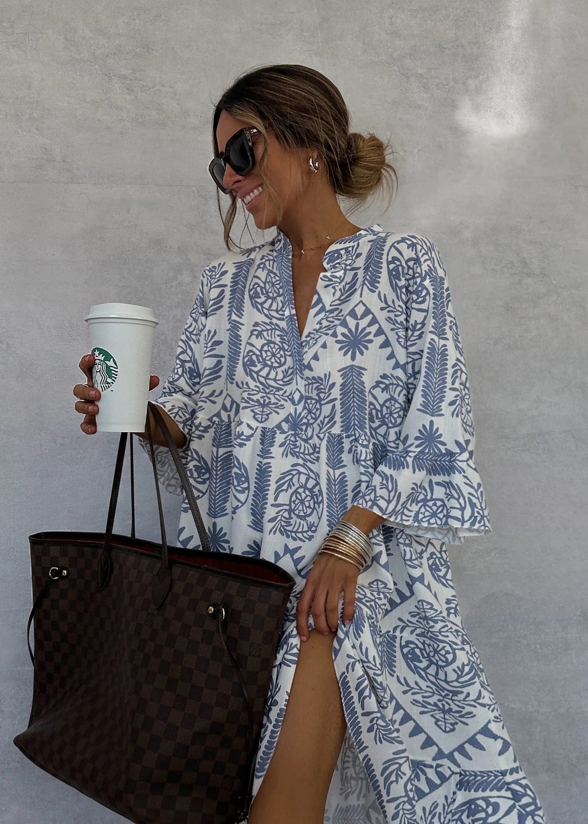 Ethnic Print Band Collar Balloon Sleeve Tiered Smock Midi Dress 4