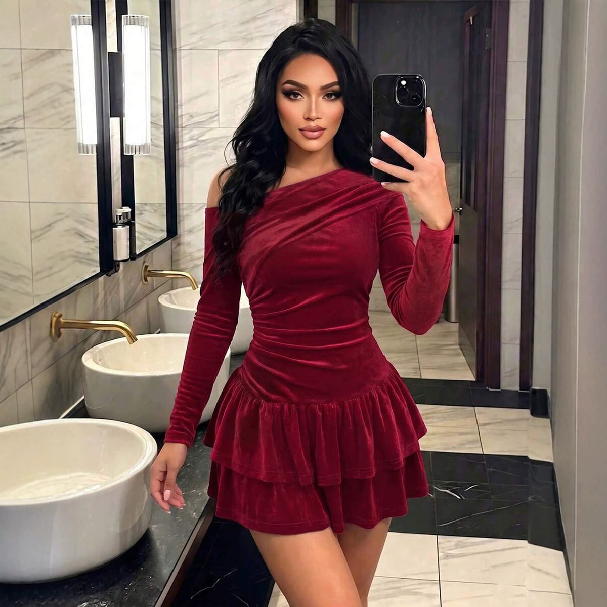 Women Clothing Autumn Winter Velvet Sloping Shoulder Dress Waist Controlled Slimming Double Layer Ruffled Long Sleeve A line Dress