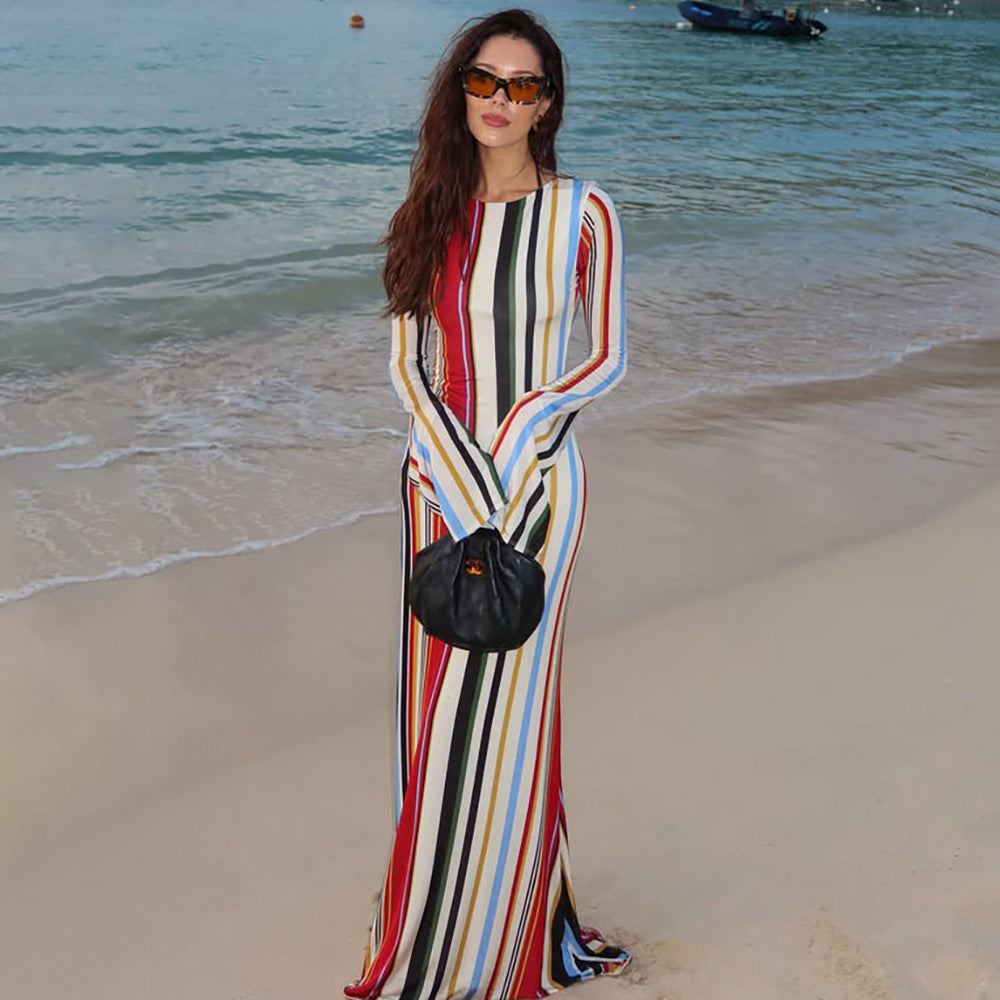 Multi Stripe Crew Neck Long Sleeve Bodycon Mermaid Maxi Dress