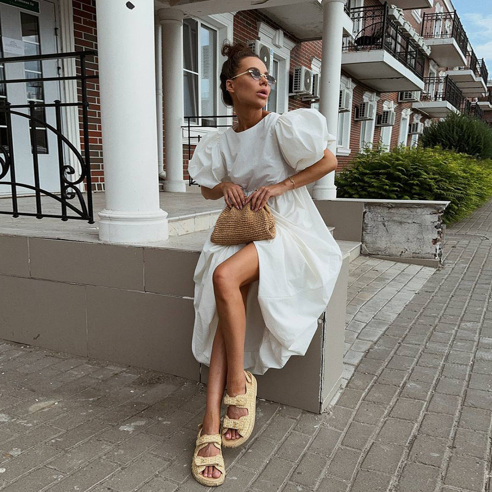 High Neck Puff Sleeve Bubble Hem Midi Dress 4