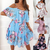 Floral Cold Shoulder Spaghetti Strap Ruffle Mini Dress