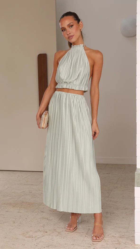 Pleated Halter Neck Backless Cut Out Waist Maxi Dress 7