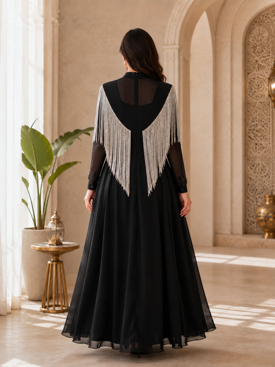Elegant Tassel Stitching Black Long Sleeved Dress Women Evening Dress Large Swing Dress