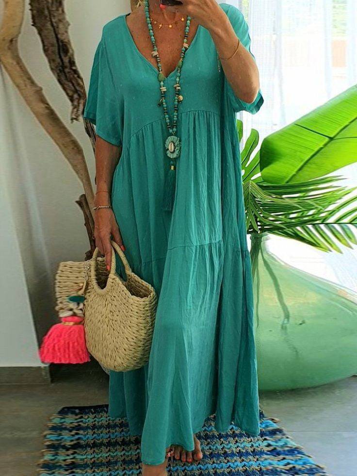 V-Neck Short Sleeve Tiered Linen Maxi Dress 15