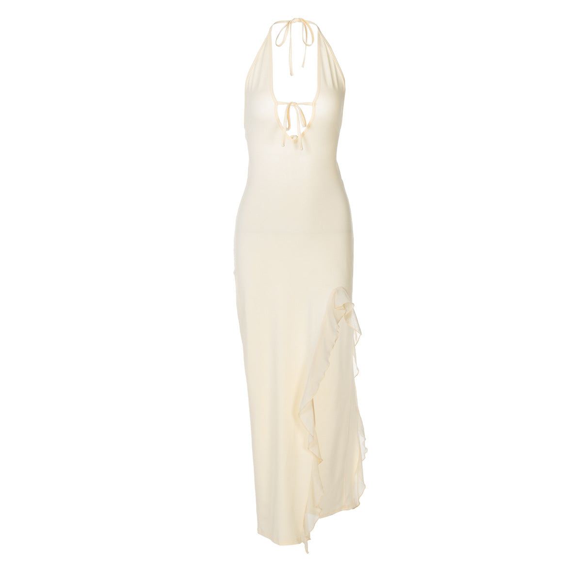 Halter Deep V-Neck Lace Up Ruffle High Split Maxi Dress 5