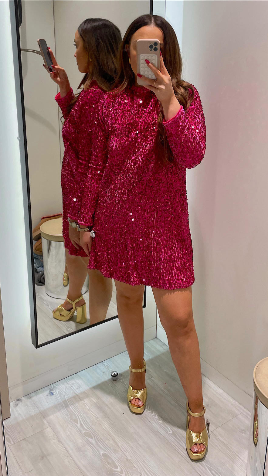 Sequin Round Neck Long Sleeve Mini Dress 3