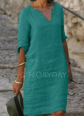 Split Neck Short Sleeve Pocket Shift Midi Dress 10