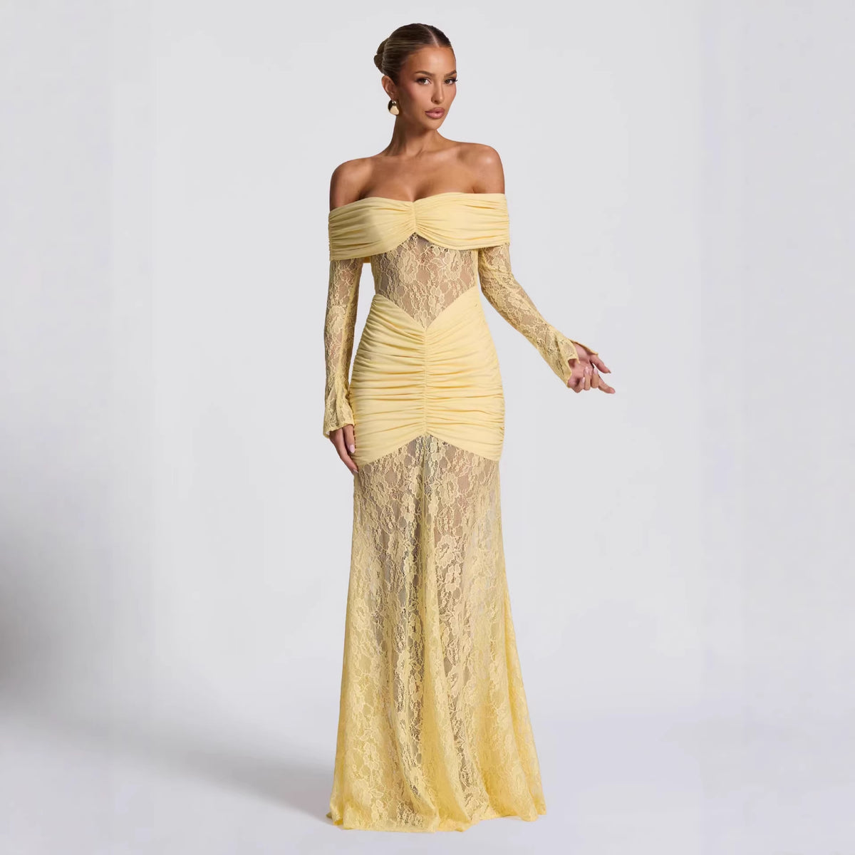 Cutout Lace Stitching off Shoulder Long Sleeve Narrow Dress Sexy Fishtail Evening Dress