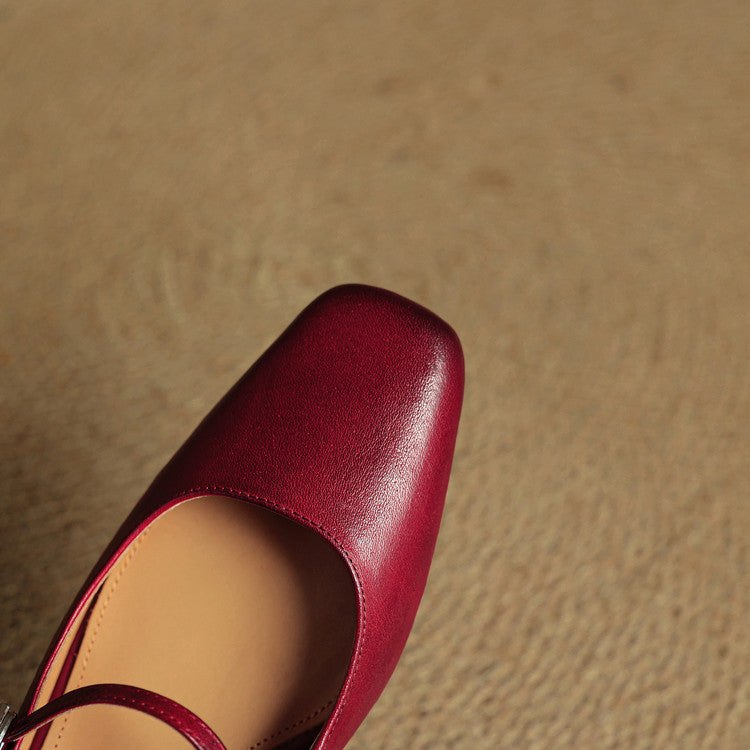 Square Toe Block Heel Backless Mary Jane Mules