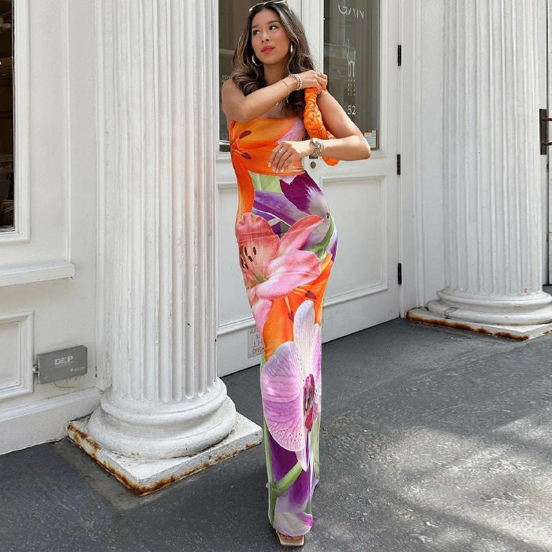 Floral Print Scoop Neck Spaghetti Strap Bodycon Mermaid Maxi Dress 3